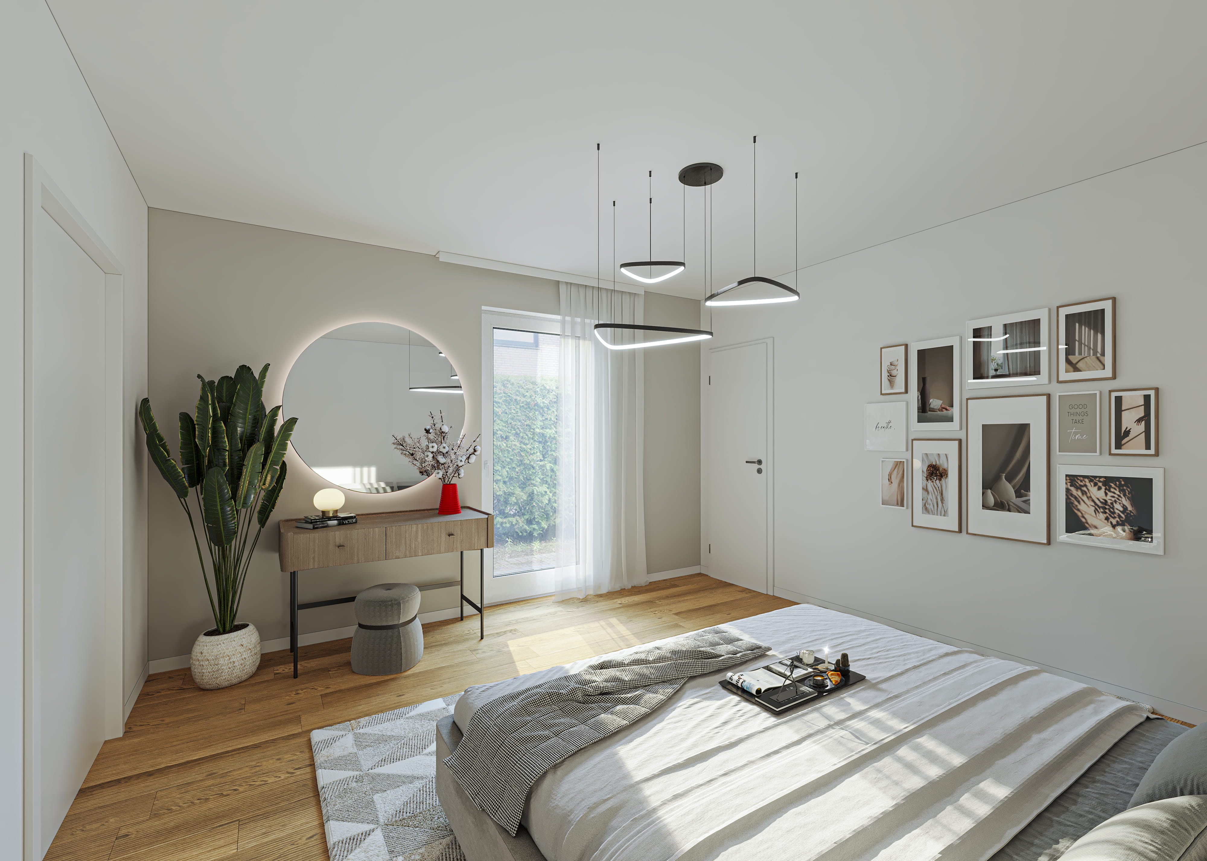 Modernes Schlafzimmer im skandinavischen Stil: Ein Beispiel für fotorealistisches virtuelles Homestaging. Der Raum zeigt ein großes Doppelbett, einen Holz-Konsolentisch mit runden, beleuchteten Spiegel, eine große Bananenpflanze, eine Galerie-Wand und eine Terrassentür mit Blick ins Grüne.